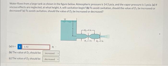 Water flows from a large tank as shown in the figure below. Atmospheric pressure is \( 14.5 \) psia, and the vapor pressure i