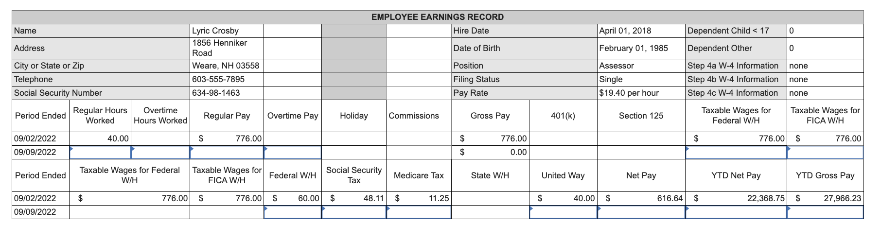 Solved \table[[EMPLOYEE EARNINGS RECORD],[Name,Lyric | Chegg.com