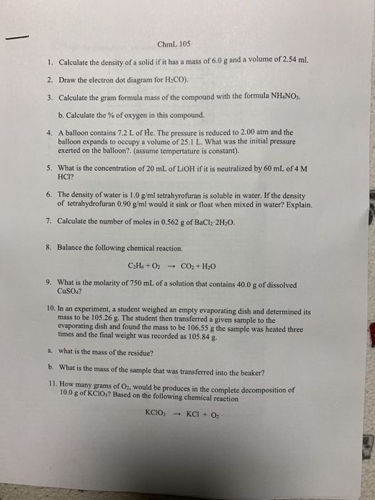 Solved ChmL 105 1. Calculate the density of a solid if it | Chegg.com