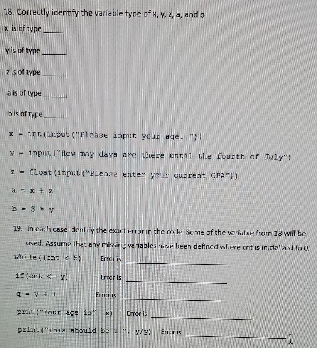 Solved 18. Correctly identify the variable type of x, y, z, | Chegg.com