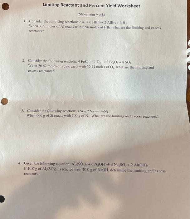 Solved Limiting Reactant And Percent Yield Worksheet (Show | Chegg.com