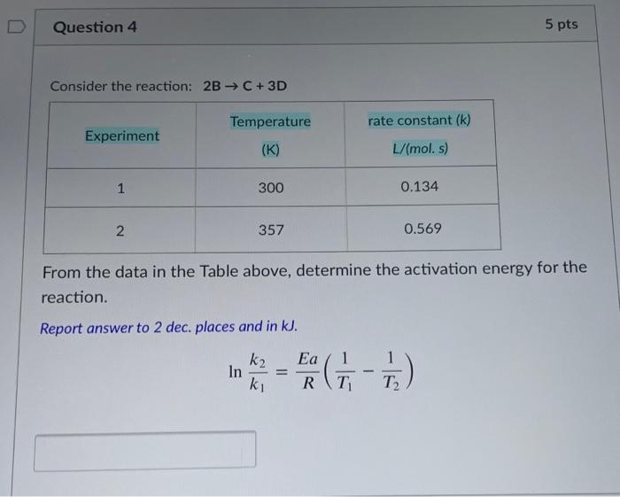 Solved Question 4 5 pts Consider the reaction: 2B → C + 3D | Chegg.com