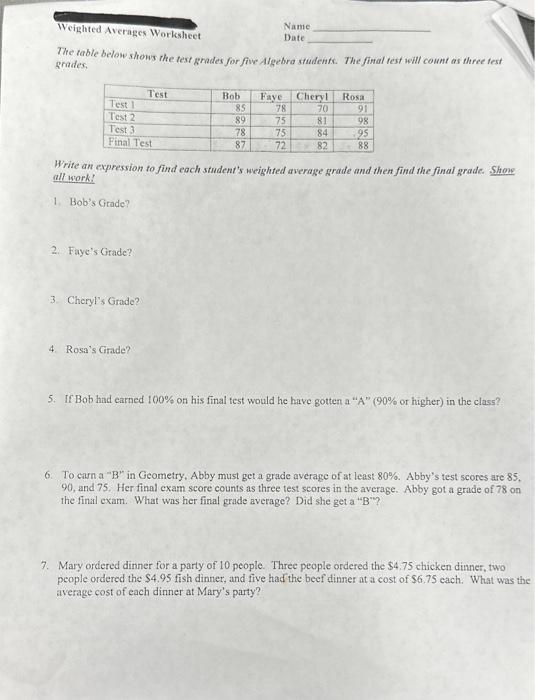 Solved Weighted Averages Worksheet Name The Rable Below 3655