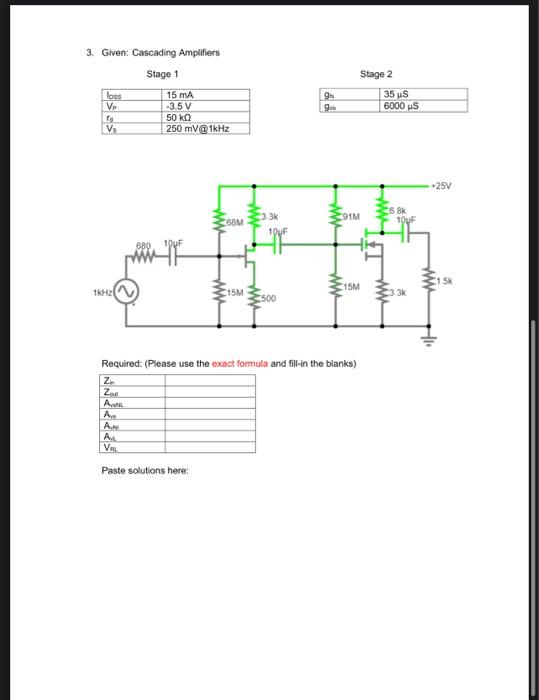 3. Given: Cascading Amplifiers Stage 1 Stage 2 | Chegg.com