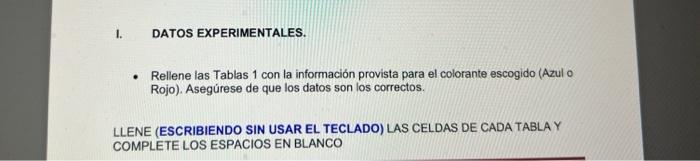 I. DATOS EXPERIMENTALES. - Rellene las Tablas 1 con la información provista para el colorante escogido (Azul o Rojo). Asegúre