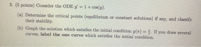 Solved 3. (5 points) Consider the ODE y = 1+ cos(y). (a) | Chegg.com