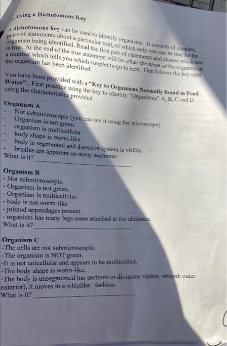 Solved Using a Dichotomous Key A dichotomous key can be used | Chegg.com