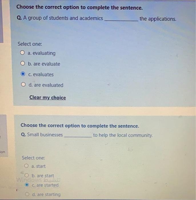 Solved Choose The Correct Option To Complete The Sentence. | Chegg.com