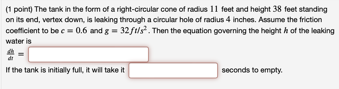 Solved (1 ﻿point) ﻿The tank in the form of a right-circular | Chegg.com