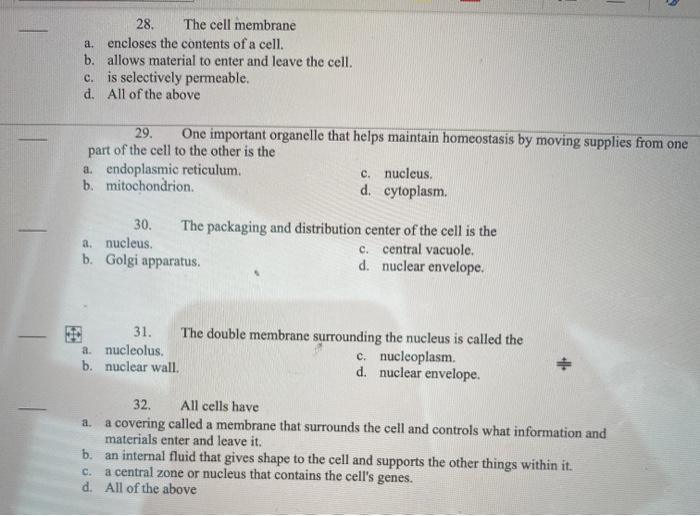 Solved 28. The cell membrane a. encloses the contents of a | Chegg.com