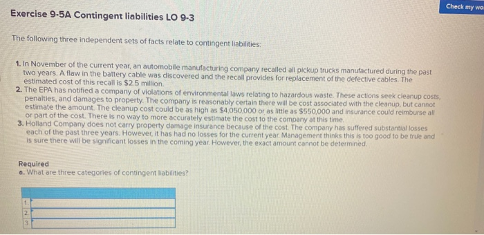 Solved Check My Wo Exercise 9-5A Contingent Liabilities LO | Chegg.com