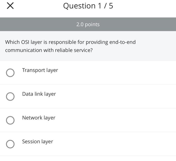 Solved Х Question 1/5 2.0 points Which OSI layer is | Chegg.com