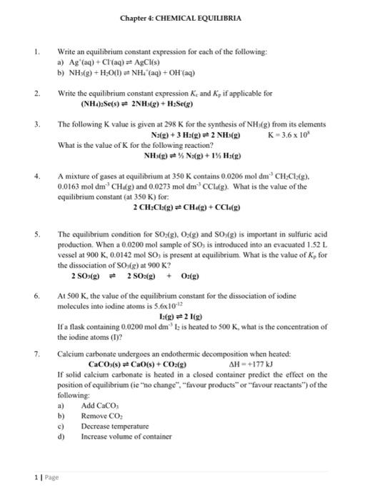 Solved 1. Write an equilibrium constant expression for each | Chegg.com