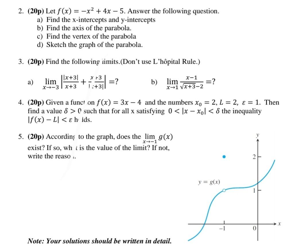 Solved 2. (20p) Let f(x)=−x2+4x−5. Answer the following | Chegg.com