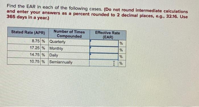 Solved Find the EAR in each of the following cases. (Do not | Chegg.com