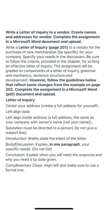 Solved Write a Letter of Inquiry to a vendor. Create names | Chegg.com