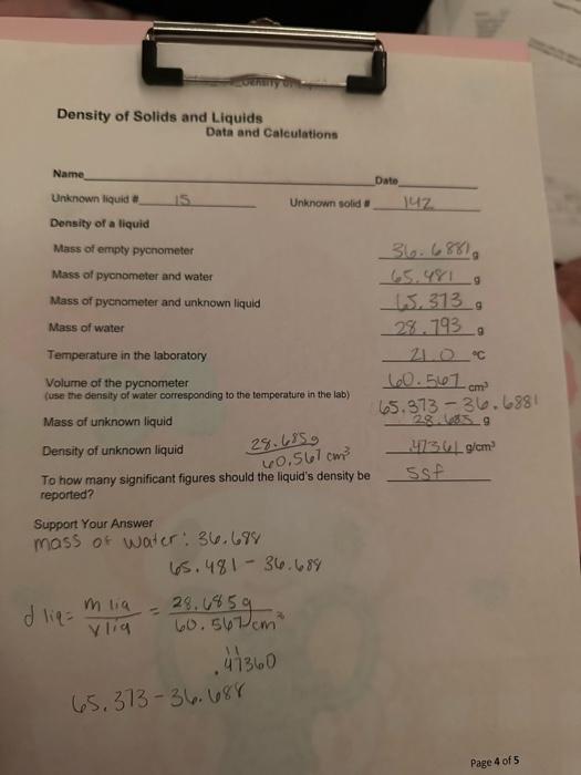 Solved Density of Solids and Liquids Data and Calculations | Chegg.com