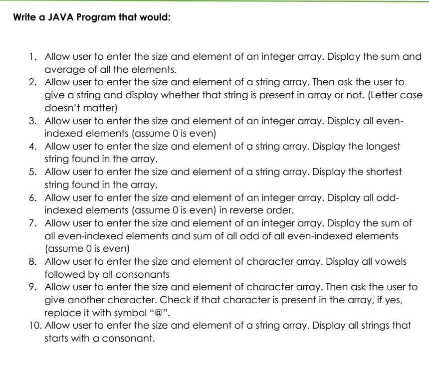 Solved Write a JAVA Program that would: 1. Allow user to | Chegg.com