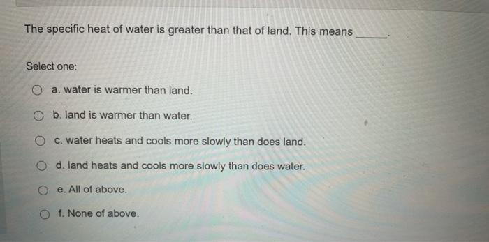 Solved The Specific Heat Of Water Is Greater Than That Of 