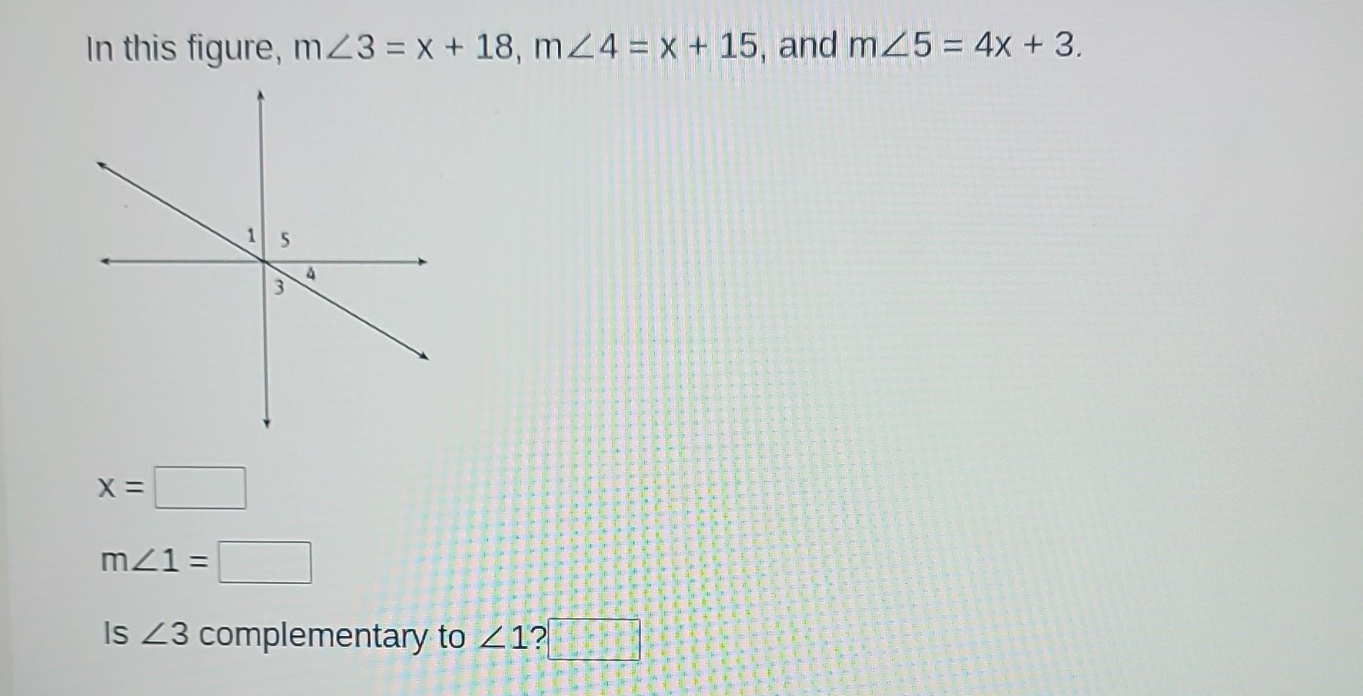 S Anschluss 3 4 X 3 4 Solved In this figure, m∠3=x+18,m∠4=x+15, and m∠5=4x+3. x= | Chegg.com