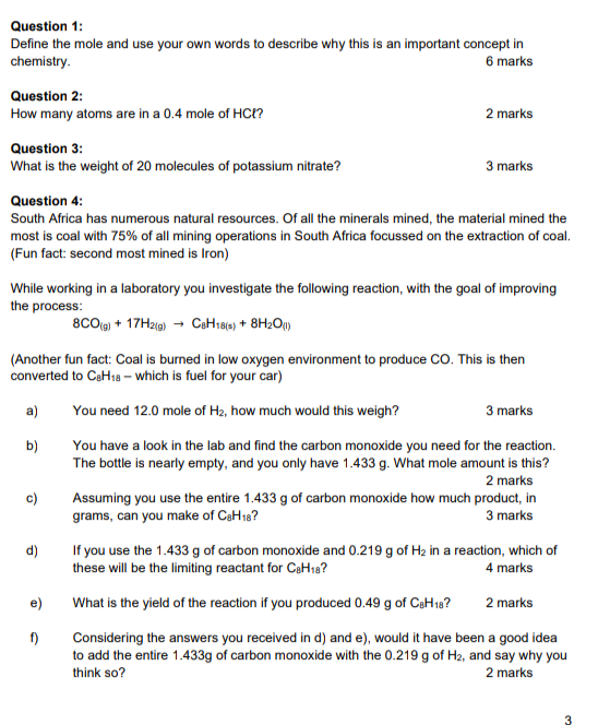 Solved Question 1: Define The Mole And Use Your Own Words To 