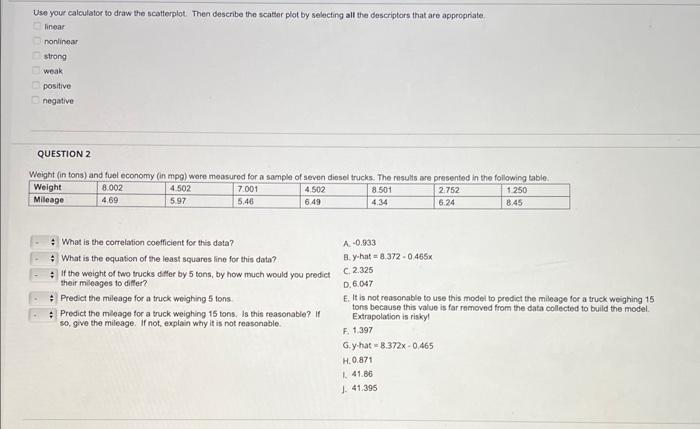 Use your calculator to draw the scatterplot. Then describe the scatter plot by selecting all the descriptors that are appropr