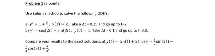 Solved Problem 1 (3 points) Use Euler's method to solve the | Chegg.com