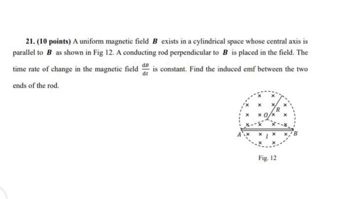 Solved 21. (10 points) A uniform magnetic field B exists in | Chegg.com