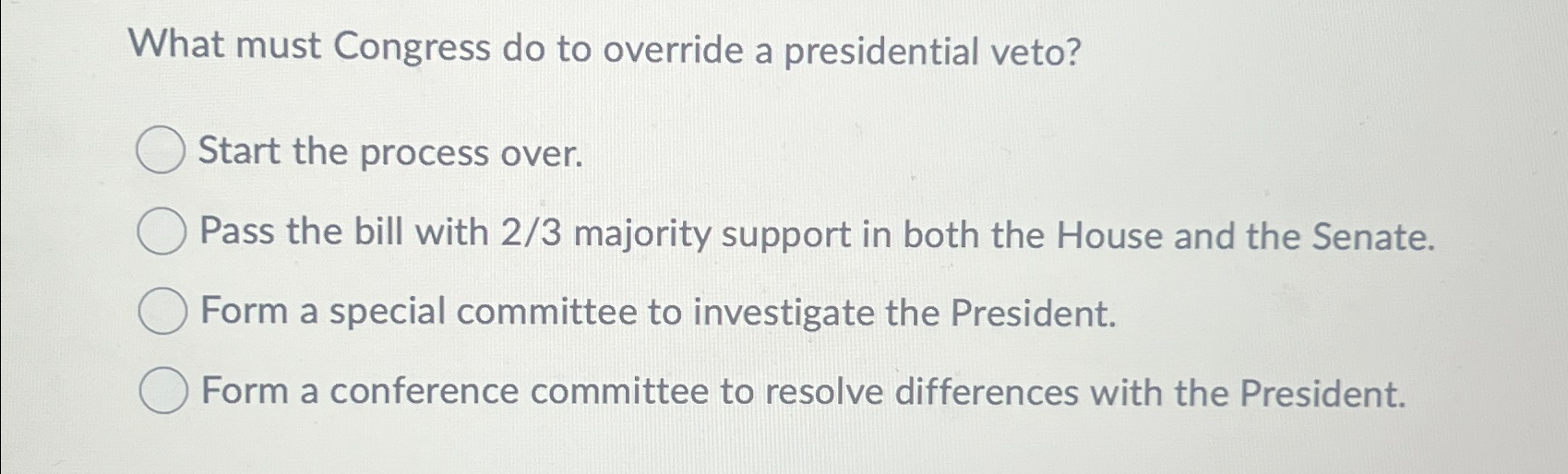 Solved What Must Congress Do To Override A Presidential | Chegg.com