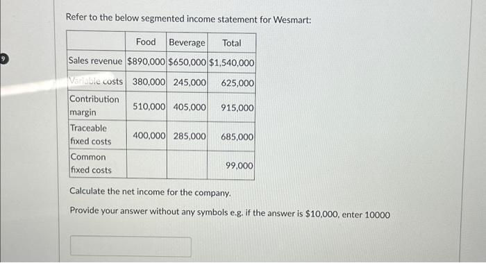 Solved Refer to the below segmented income statement for | Chegg.com