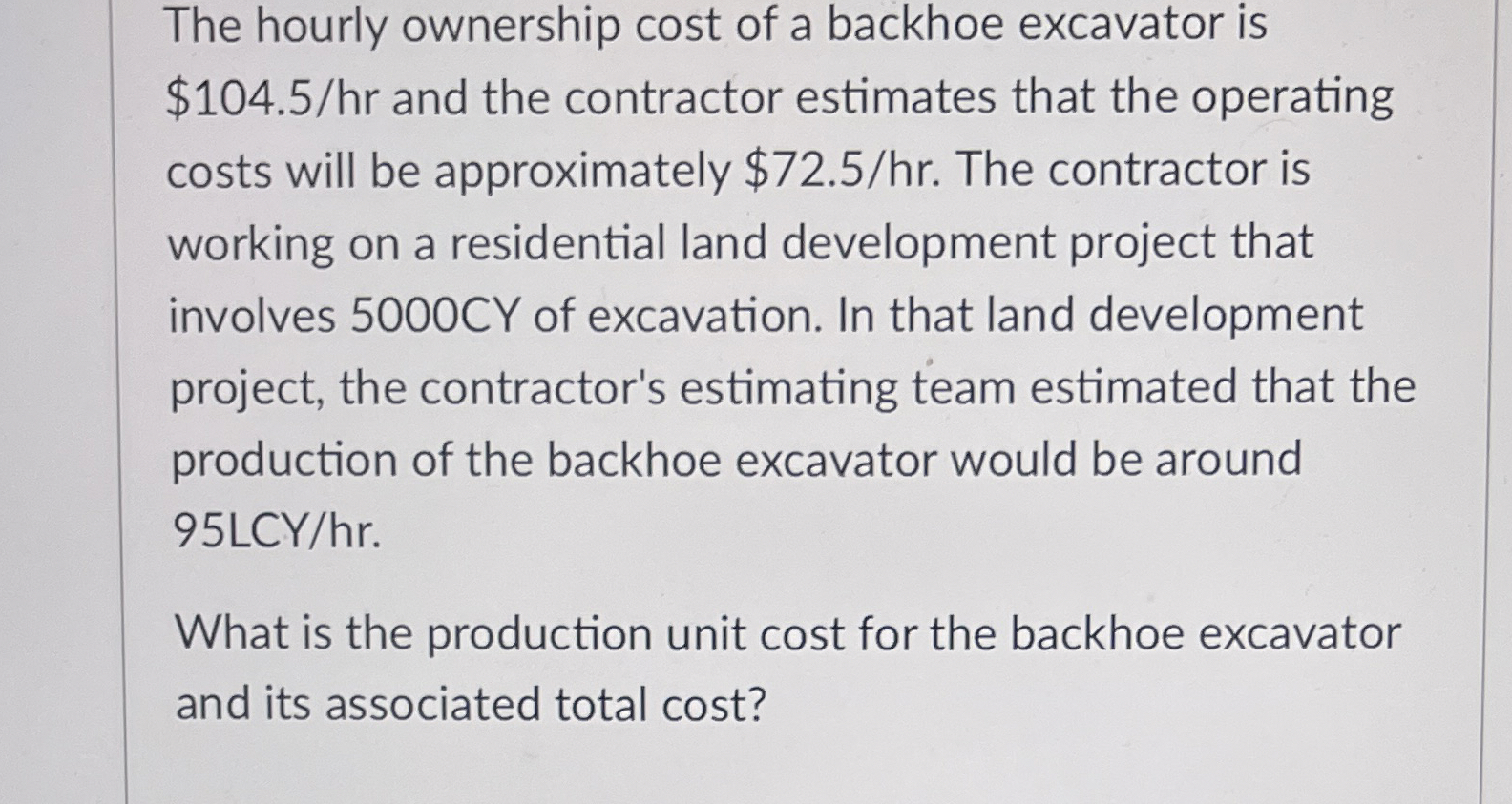 Solved The hourly ownership cost of a backhoe excavator is