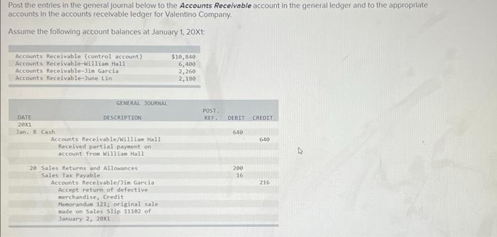 Post the entries in the general journal below to the Accounts Receivable account in the general ledger and to the appropilate