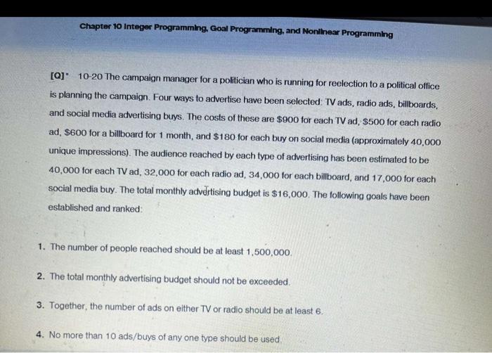 Solved Chapter 10 Integer Programmlig, Goal Programming, and | Chegg.com