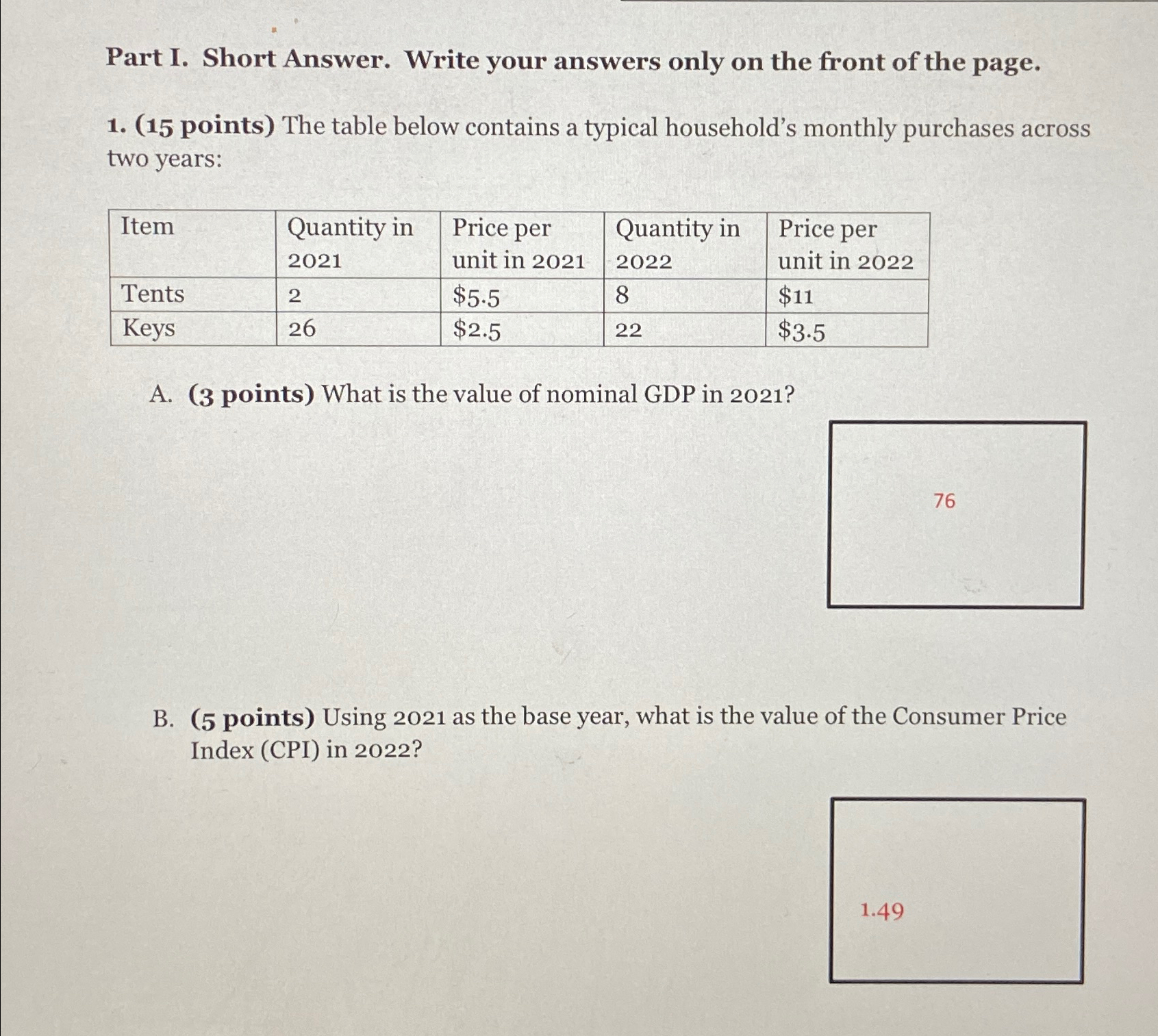 Solved Part I. Short Answer. Write your answers only on the | Chegg.com