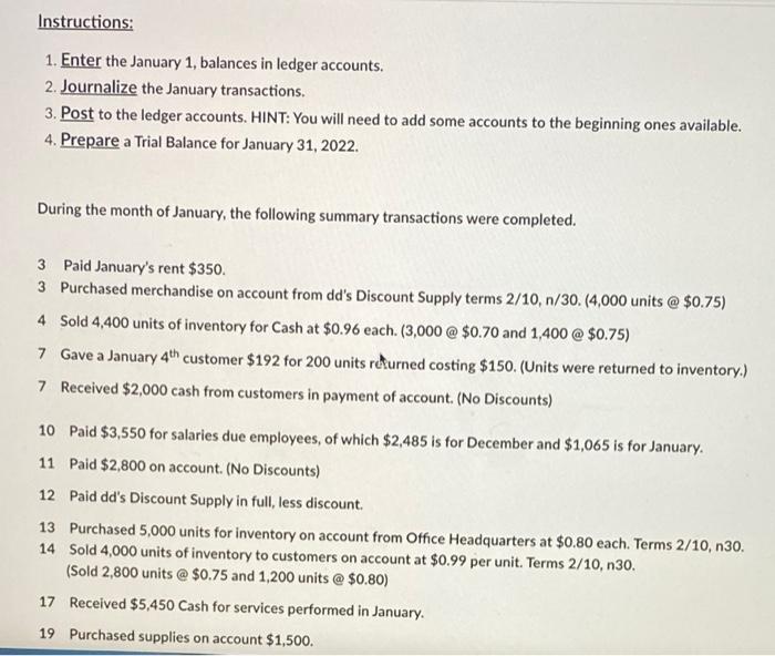 Solved Instructions: 1. Enter the January 1, balances in | Chegg.com