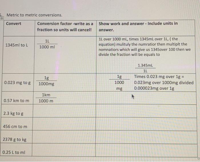 Solved Metric To Metric Conversions Convert Show Work And Chegg Com