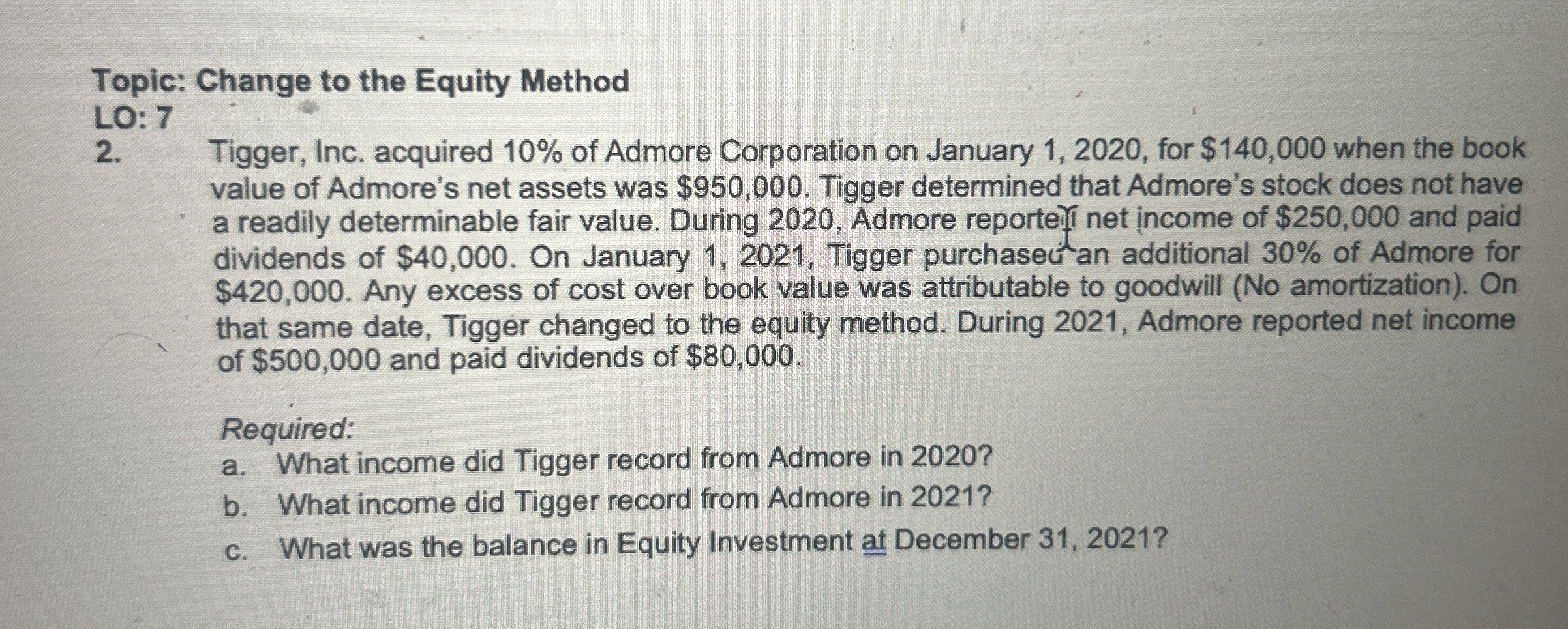 Topic: Change to the Equity MethodLO: 72. ﻿Tigger, | Chegg.com