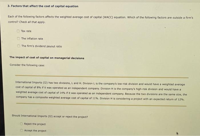 Solved 3. Factors that affect the cost of capital equation | Chegg.com