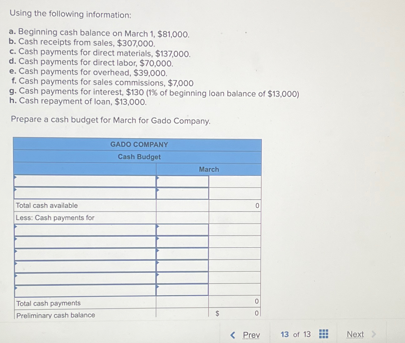 Solved Using the following information:a. ﻿Beginning cash | Chegg.com