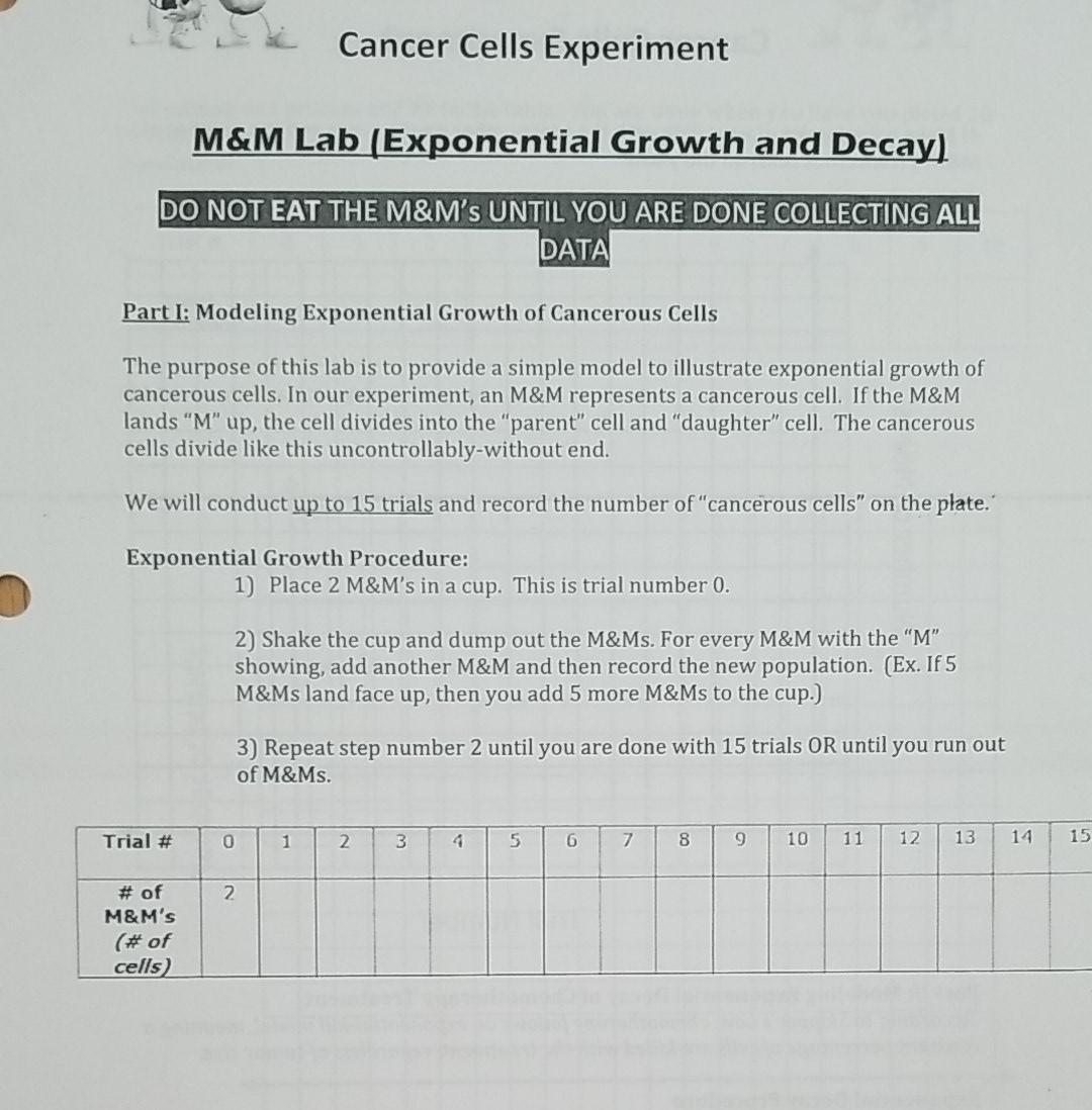 Cancer Cells Experiment M&M Lab (Exponential Growth and Decay) DO NOT EAT THE M&Ms UNTIL YOU ARE DONE COLLECTING ALL DATA Pa