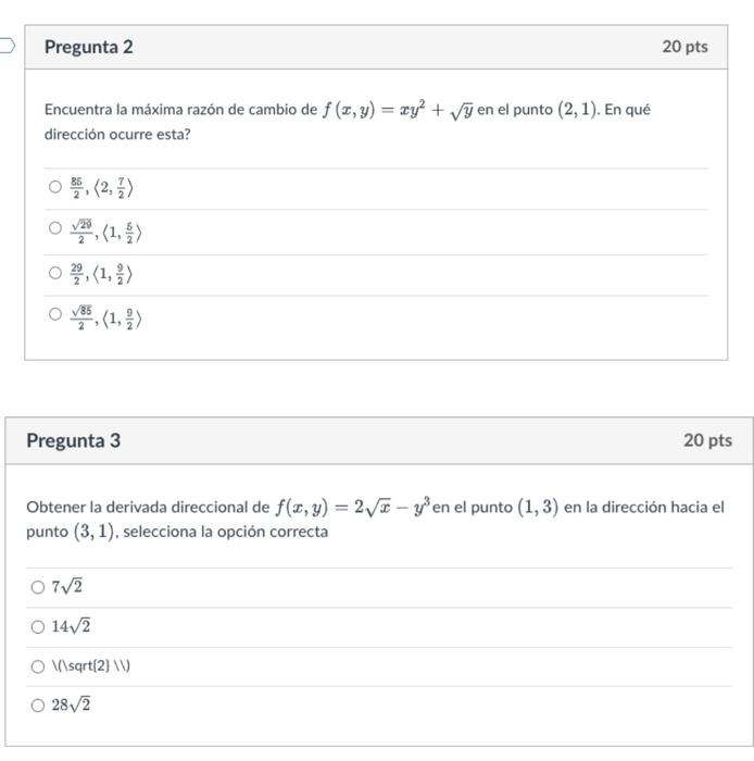 Encuentra la máxima razón de cambio de \( f(x, y)=x y^{2}+\sqrt{y} \) en el punto \( (2,1) \). En qué dirección ocurre esta?