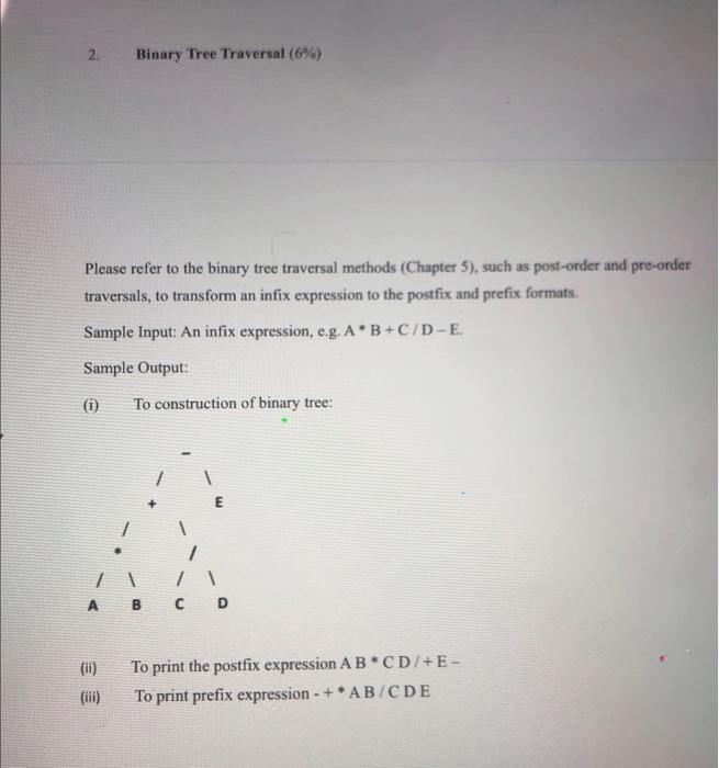 Solved 2. Binary Tree Traversal (6%) Please refer to the | Chegg.com