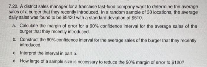 Solved 7.20. A District Sales Manager For A Franchise | Chegg.com