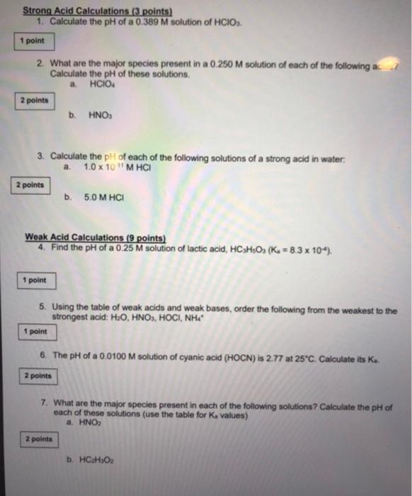 Solved Strong Acid Calculations (3 points) 1. Calculate the | Chegg.com