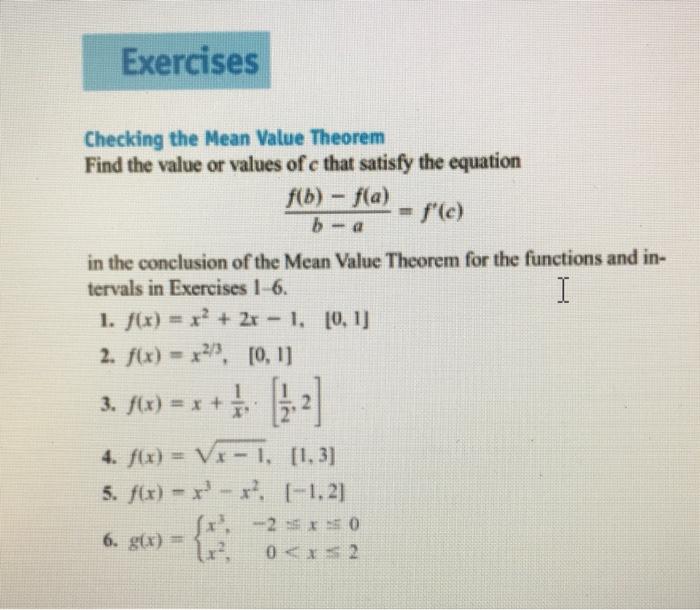 Solved Exercises Checking the Mean Value Theorem Find the | Chegg.com