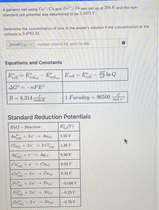 Solved A galvanic cell using Cu+/Cu and Zn2+/Zn was set up | Chegg.com