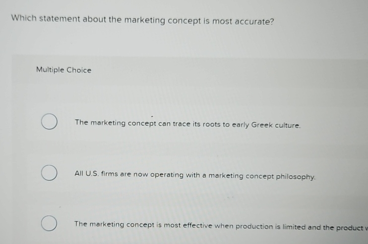 Solved Which statement about the marketing concept is most | Chegg.com