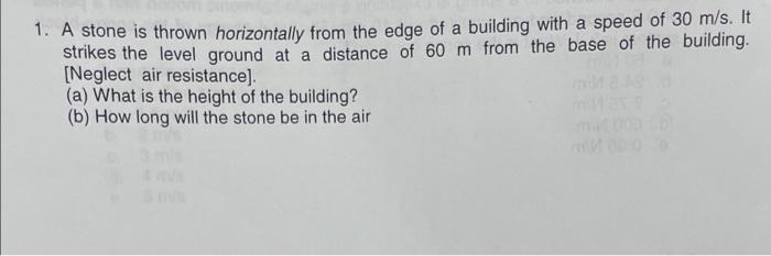 Solved 1. A stone is thrown horizontally from the edge of a | Chegg.com