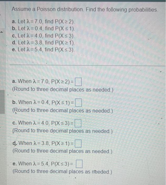 Solved Assume A Poisson Distribution. Find The Following | Chegg.com