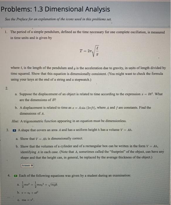 Solved Problems: 1.3 Dimensional Analysis See the Preface | Chegg.com